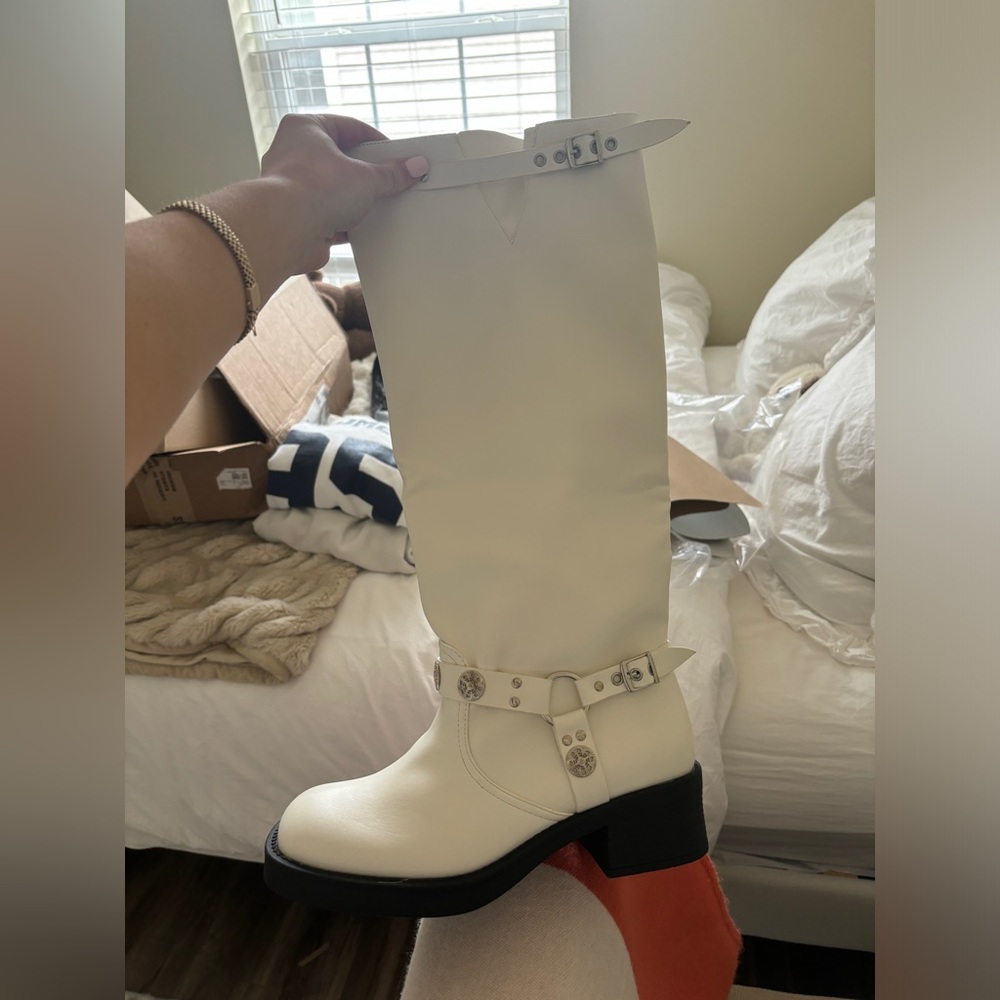 White Tall Biker Boots with Buckle